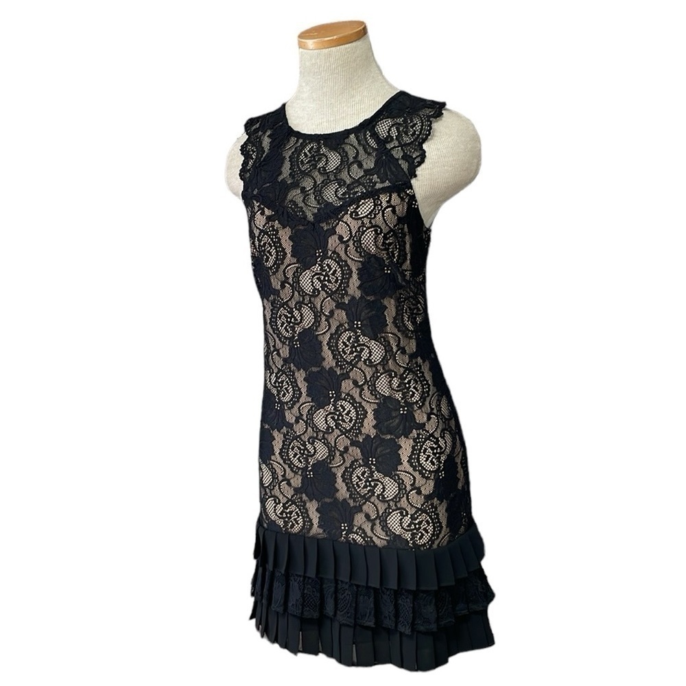 Kensie Dress Women's 2 Black Floral Lace Sleeveless Shift Ruffles